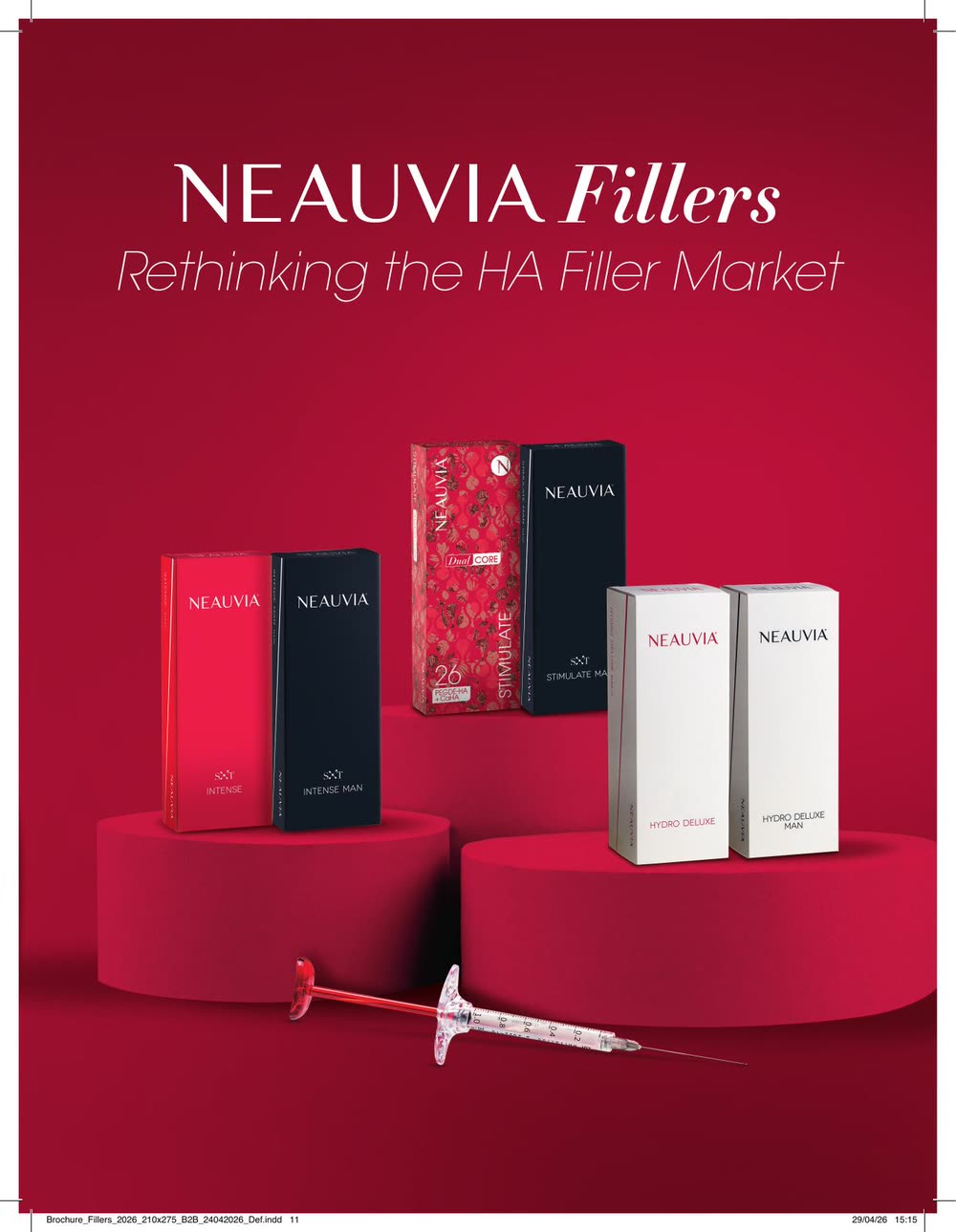 Portafolio completo de fillers Neauvia sobre fondo crimson