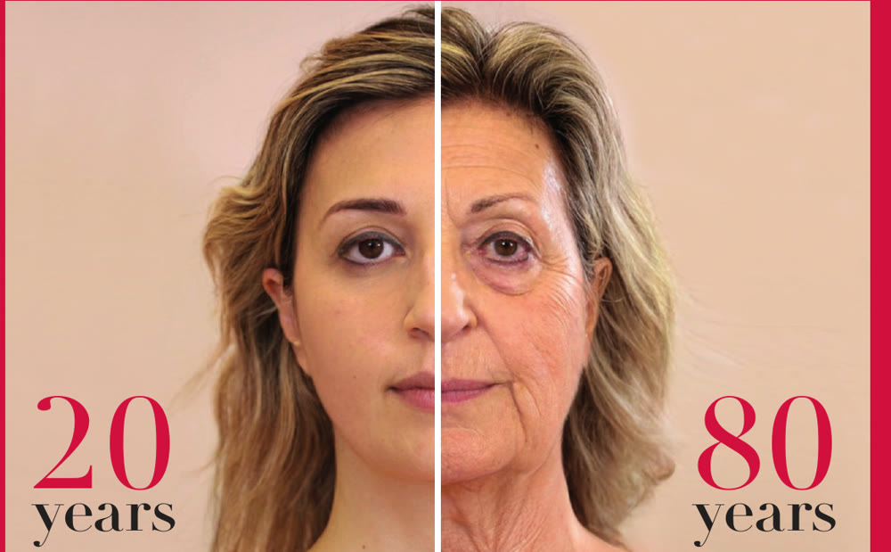 Comparación del rostro de una misma persona a los 20 y a los 80 años