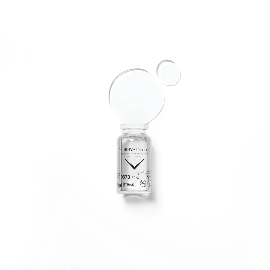 Vial de ACURHYAL LIFT de 5 ml con gota de producto